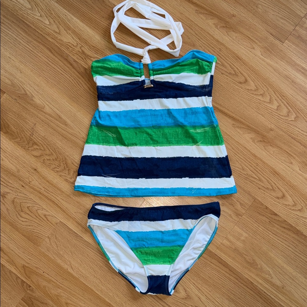 Lauren Ralph Lauren Swim Set Striped Blue Green White Size 8